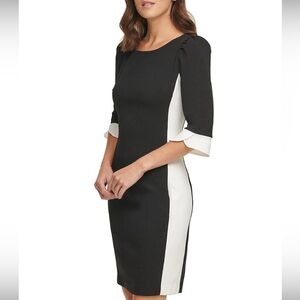 DKNY Dress Stretch Color Block Ruffle 3/4 Sleeve Sheath Dress Size 16 Gently